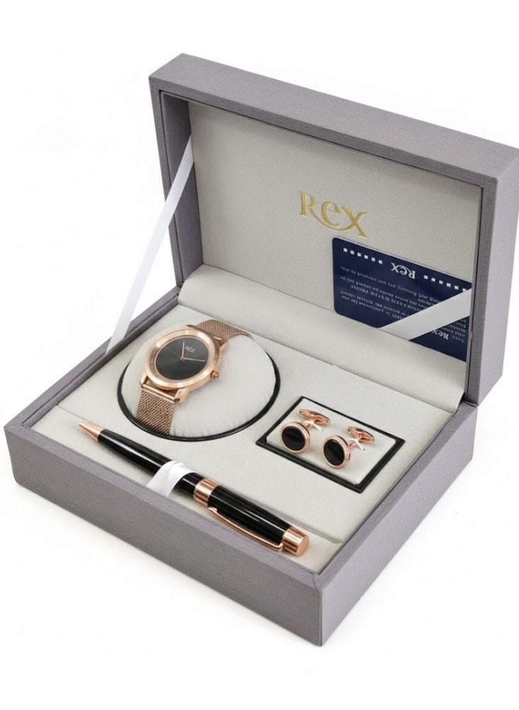 Rex Premium Men’s Gift Box – 3 Items Set with Rose Gold Watch, Cufflinks & Pen